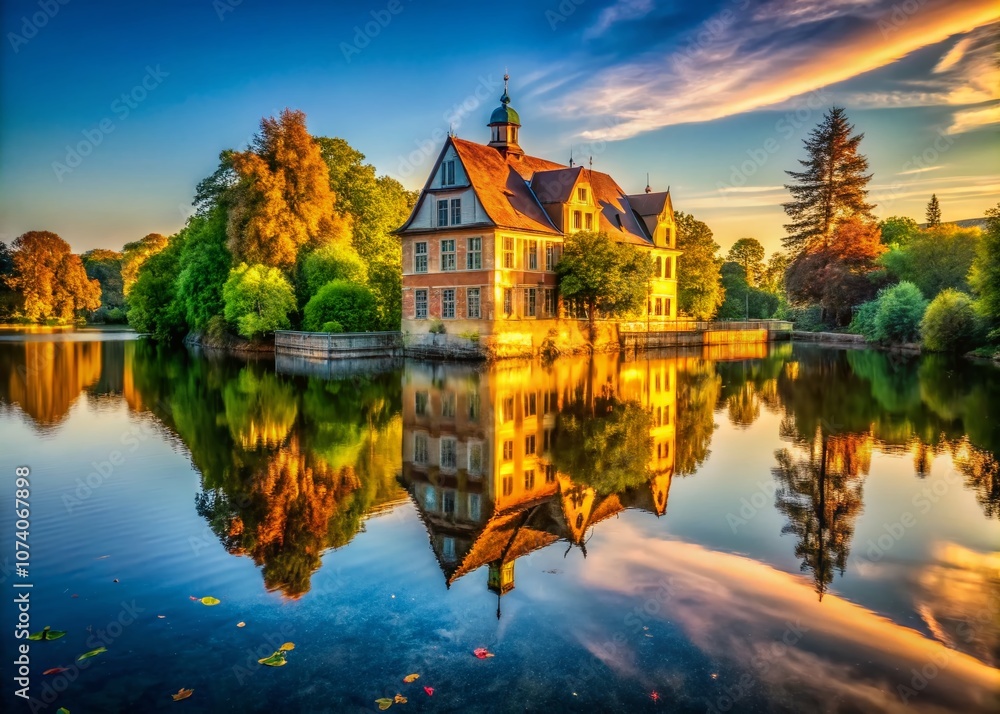 Captivating Reflection of an Old Building in Tranquil Waters Beneath a Clear Sky, Showcasing Architectural Elegance and Historical Charm in a Serene Landscape Captivating Reflection of an Old Building in Tranquil Waters Beneath a Clear Sky, Showcasing Architectural Elegance and Historical Charm in a Serene Landscape