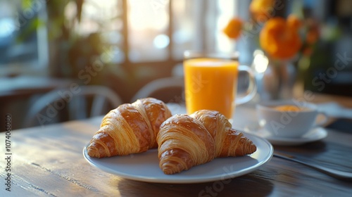 A fresh croissant beside a glass of orange juice, showcasing a delightful continental breakfast spread.