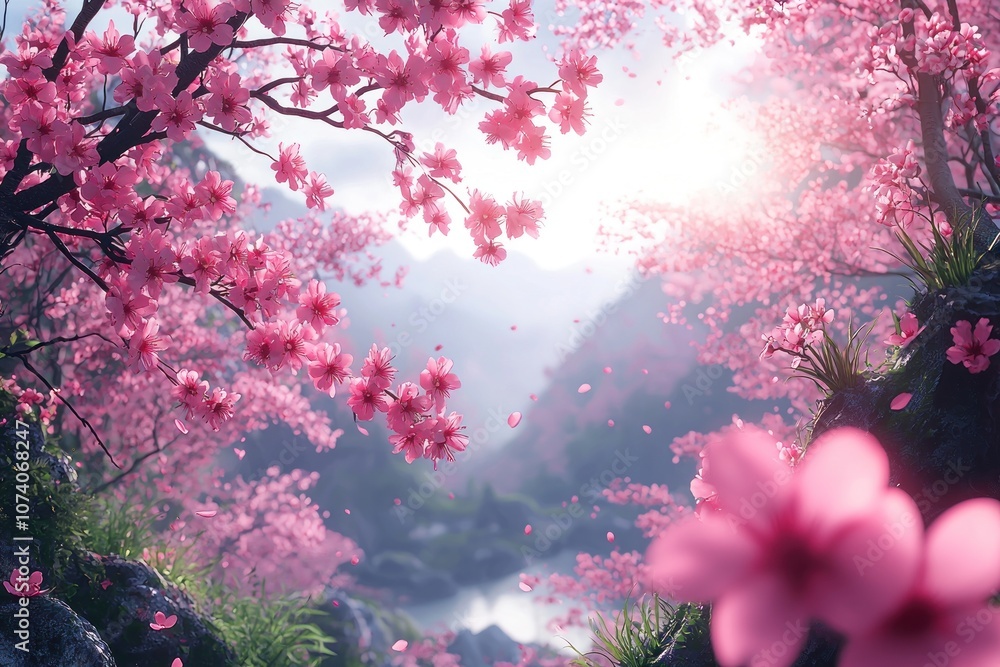 Pink Cherry Blossoms Falling in a Misty Mountain Landscape Pink Cherry Blossoms Falling in a Misty Mountain Landscape