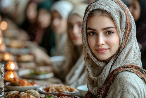 Young Woman in Headscarf Smiles at the Camera, Other People Blurred in Background photo