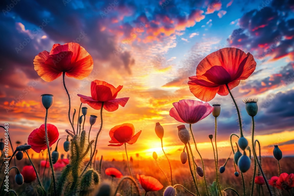 Obraz premium Captivating Silhouette Photography of Watercolor Poppies Against a Soft Sunset Background, Perfect for Nature Lovers and Art Enthusiasts Seeking Unique Wall Decor