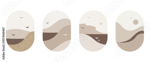 Vector illustration. The composition of mountains with birds on the background is simplified, the viconn is in light pastel colors, with soft and lower lines.