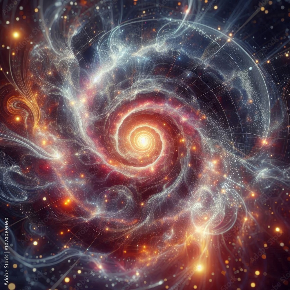 Space vortex with glowing lights and fractal textures, representing the intersection of science Space vortex with glowing lights and fractal textures, representing the intersection of science