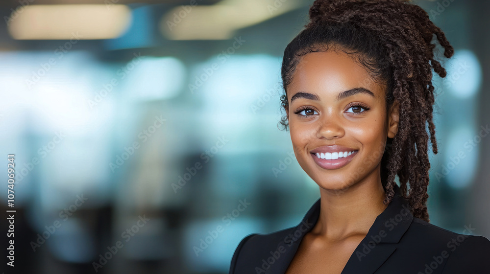 Fototapeta premium confident woman smiling in professional setting, showcasing her charm and poise.