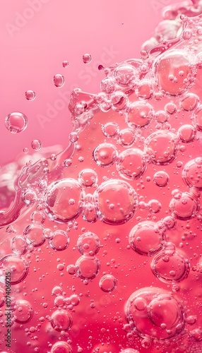 A close-up of bubbles in pink liquid, creating a vibrant and refreshing visual effect.