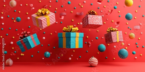 Colorful Christmas Presents and Ornaments Floating Against a Red Background