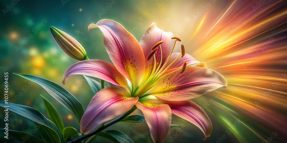 Fototapeta premium Captivating Time Lapse of a Blooming Lily Flower in Long Exposure, Showcasing the Beauty of Nature's Transformation Through Light and Motion in a Serene Environment