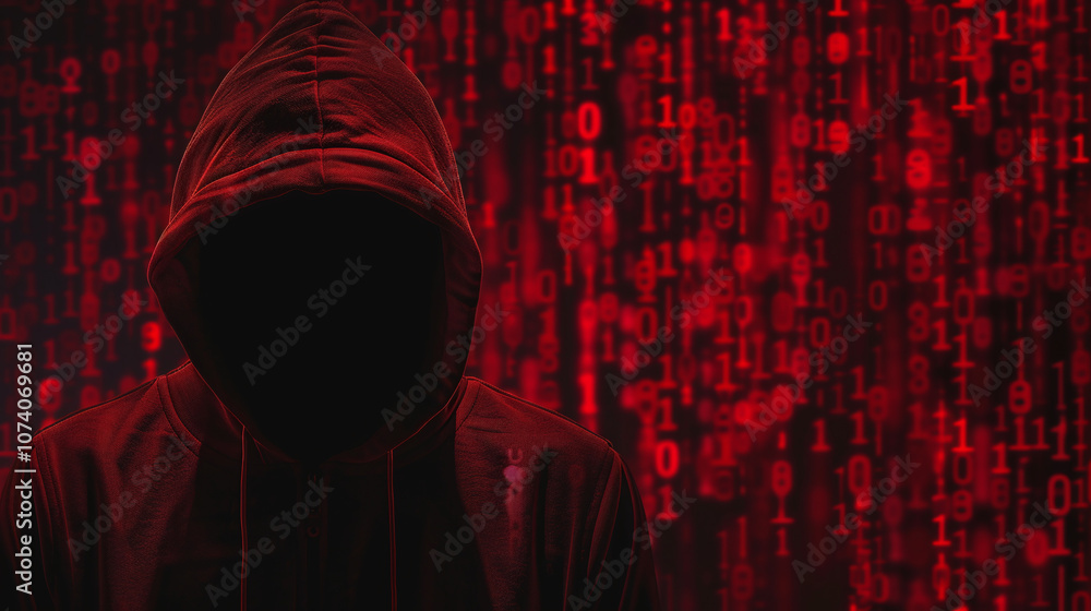 A Mysterious Figure in a Hooded Jacket Stands Against a Backdrop of Cascading Binary Code, Highlighting Themes of Technology and Digital Anonymity