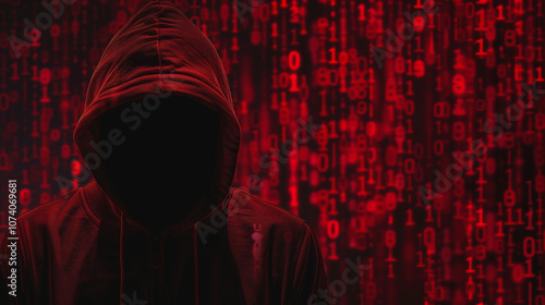 Obraz na płótnie A Mysterious Figure in a Hooded Jacket Stands Against a Backdrop of Cascading Binary Code, Highlighting Themes of Technology and Digital Anonymity w salonie
