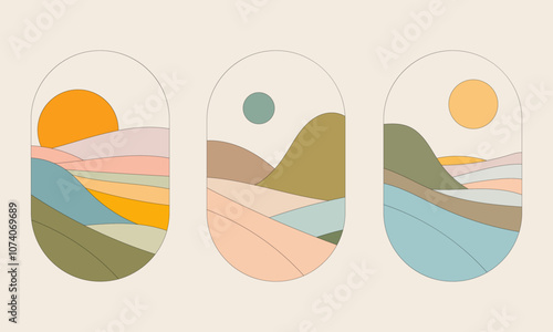 Vector illustration. Curved abstract needles in the mountains combined with the landscape and the setting sun. The bright colors of yellow, orange and blue create a striking contrast.