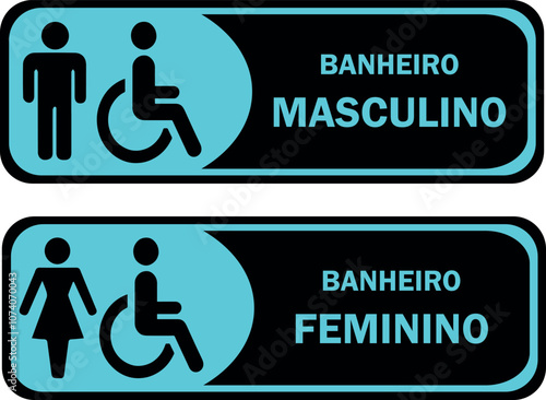 Placas para Banheiro Retangular, Masculino e Feminino. Nos tons Preto e Azul.