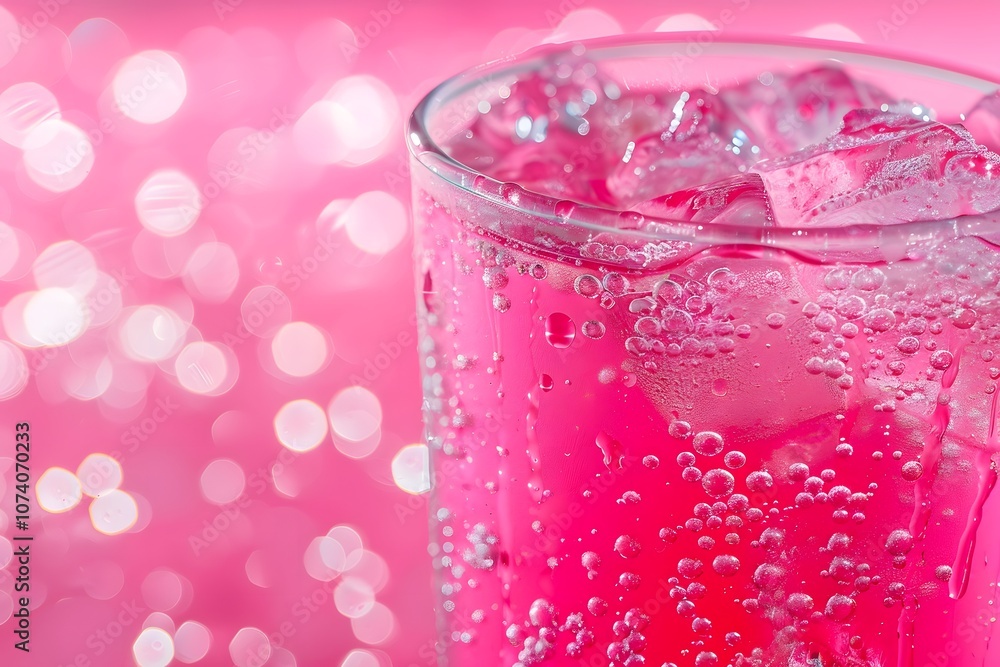 A refreshing pink beverage with ice, set against a sparkling pink background. A refreshing pink beverage with ice, set against a sparkling pink background.