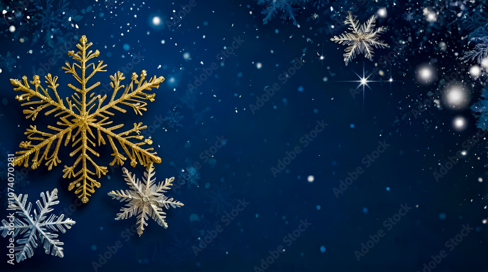 Golden and Silver Snowflakes on Deep Blue Background with Sparkling Stars - Elegant Winter Holiday Decorative Scene Golden and Silver Snowflakes on Deep Blue Background with Sparkling Stars - Elegant Winter Holiday Decorative Scene