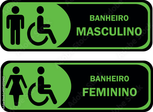 Placas para Banheiro Retangular, Masculino e Feminino. Nos tons Preto e Verde.
