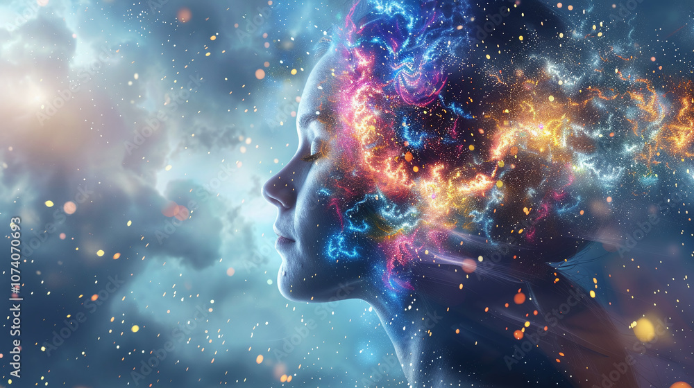 A Young Woman Gazes Upward as Vibrant Cosmic Colors Swirl Around Her Head in a Dreamy, Ethereal Setting During a Tranquil Evening A Young Woman Gazes Upward as Vibrant Cosmic Colors Swirl Around Her Head in a Dreamy, Ethereal Setting During a Tranquil Evening