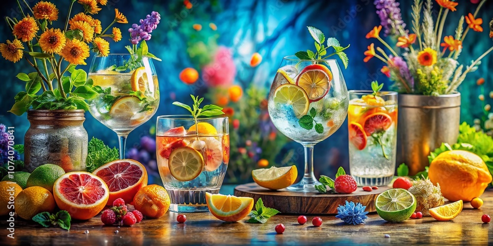 Fototapeta premium Captivating Watercolor Gin Tonic Cocktail Set with Citrus Garnishes and Elegant Glassware, Perfect for Summer Parties and Refreshing Beverage Inspiration