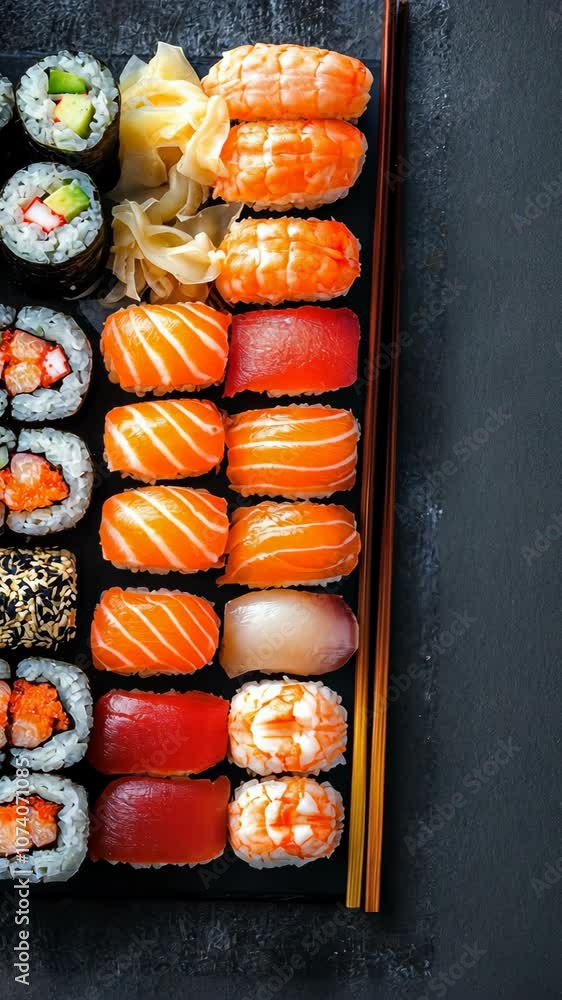 An assortment of sushi rolls and nigiri on a slate platter with chopsticks An assortment of sushi rolls and nigiri on a slate platter with chopsticks