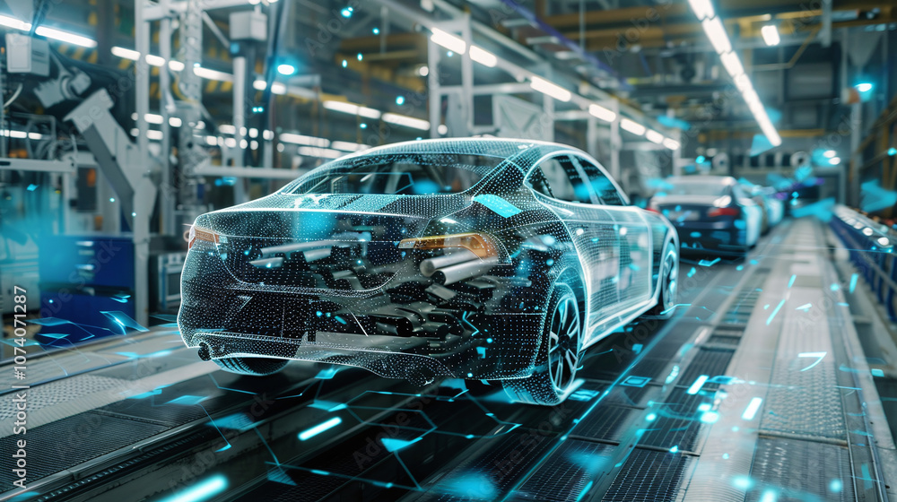 A Digital Representation of a Car on an Assembly Line in an Advanced Automotive Factory Showcasing Manufacturing Technology and Modern Production Techniques A Digital Representation of a Car on an Assembly Line in an Advanced Automotive Factory Showcasing Manufacturing Technology and Modern Production Techniques