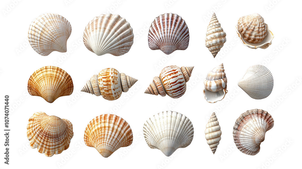 Collection of different sea shells in various shapes and colors, showcasing their unique textures and patterns. Perfect for marine themed designs or educational purposes Collection of different sea shells in various shapes and colors, showcasing their unique textures and patterns. Perfect for marine themed designs or educational purposes