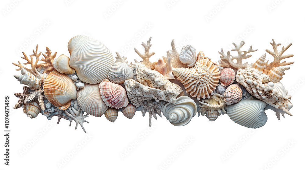 Obraz premium Seashells and coral create beautiful nautical themed decorative design, showcasing variety of textures and colors that evoke serene coastal atmosphere