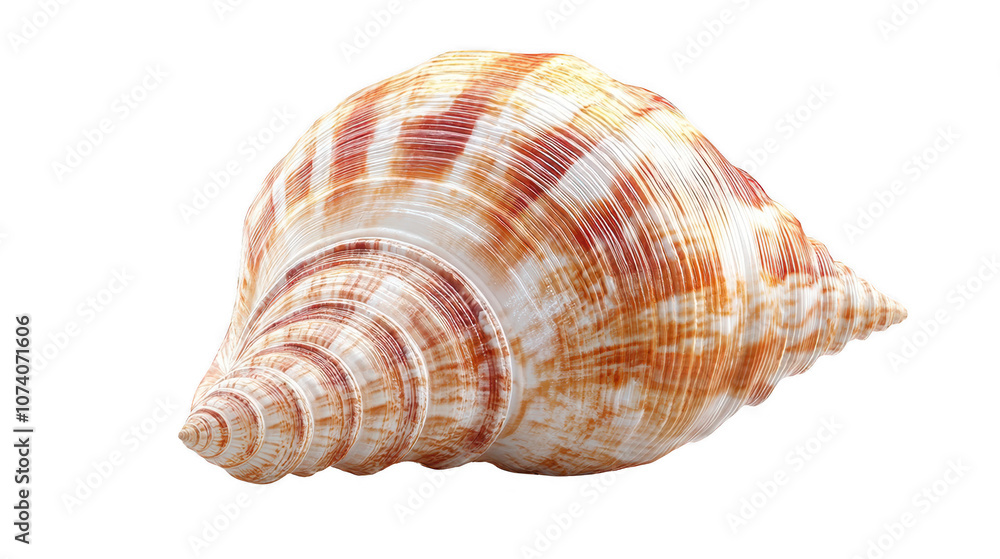 detailed spiral sea shell with vibrant orange and white patterns, showcasing its unique texture and form. This photorealistic image highlights shell intricate design and soft shadows detailed spiral sea shell with vibrant orange and white patterns, showcasing its unique texture and form. This photorealistic image highlights shell intricate design and soft shadows