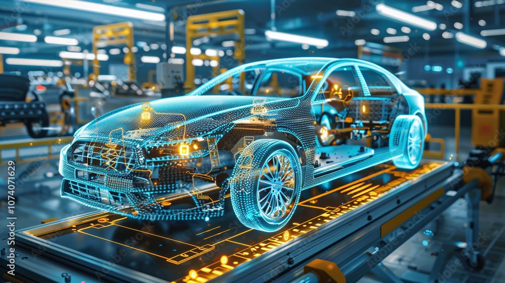 A Futuristic Visualization of an Electric Vehicle During the Design Phase in a High-Tech Manufacturing Facility at Night, Showcasing Intricate Technical Details and Digital Components A Futuristic Visualization of an Electric Vehicle During the Design Phase in a High-Tech Manufacturing Facility at Night, Showcasing Intricate Technical Details and Digital Components