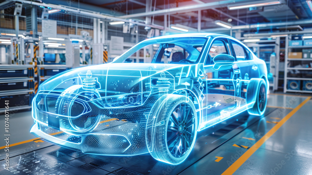 A Holographic Representation of an Electric Vehicle in a Modern Manufacturing Facility Showcasing Advanced Automotive Technology and Innovative Design Features