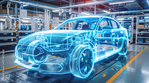 Obraz na płótnie A Holographic Representation of an Electric Vehicle in a Modern Manufacturing Facility Showcasing Advanced Automotive Technology and Innovative Design Features w salonie