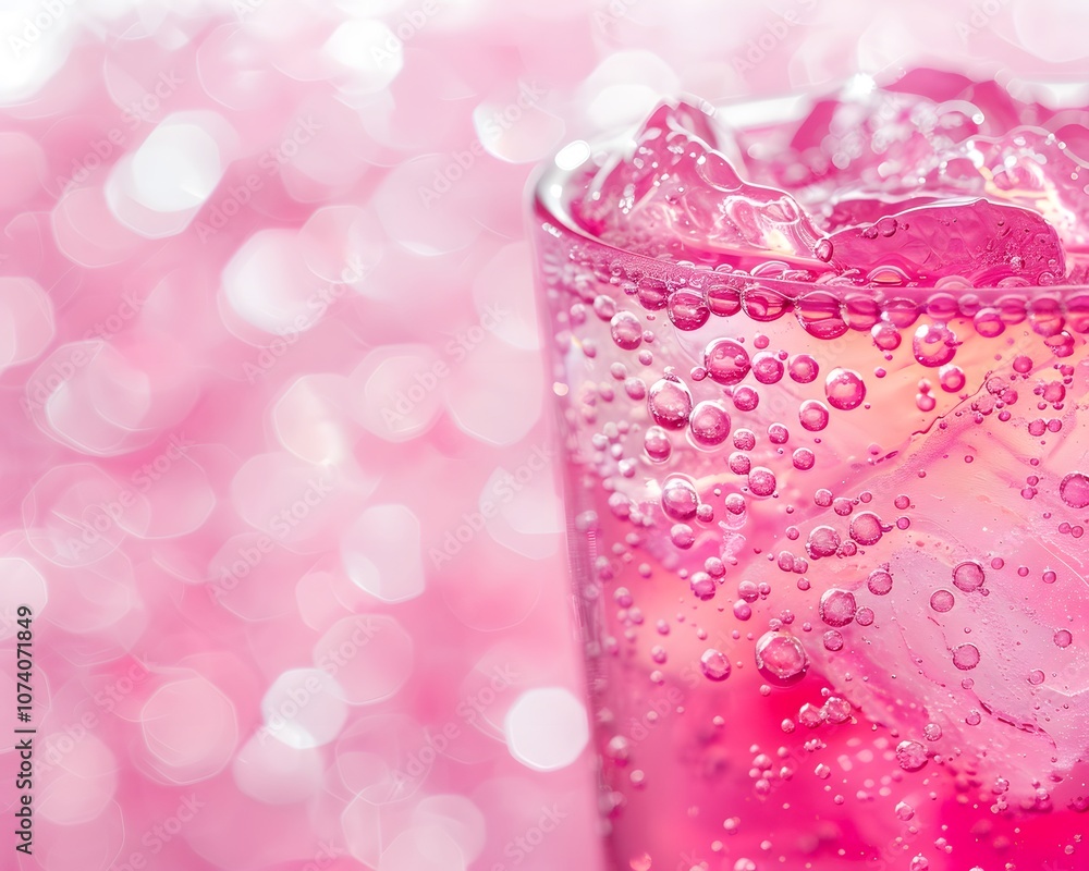 A close-up of a fizzy pink drink with ice, set against a blurred pink background. A close-up of a fizzy pink drink with ice, set against a blurred pink background.