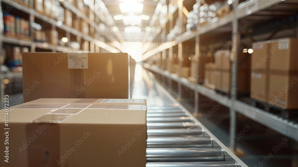 Packages Rolling on a Conveyor in a Well-Organized Warehouse During Daylight, Showcasing Efficient Logistics and Storage Management Techniques Packages Rolling on a Conveyor in a Well-Organized Warehouse During Daylight, Showcasing Efficient Logistics and Storage Management Techniques