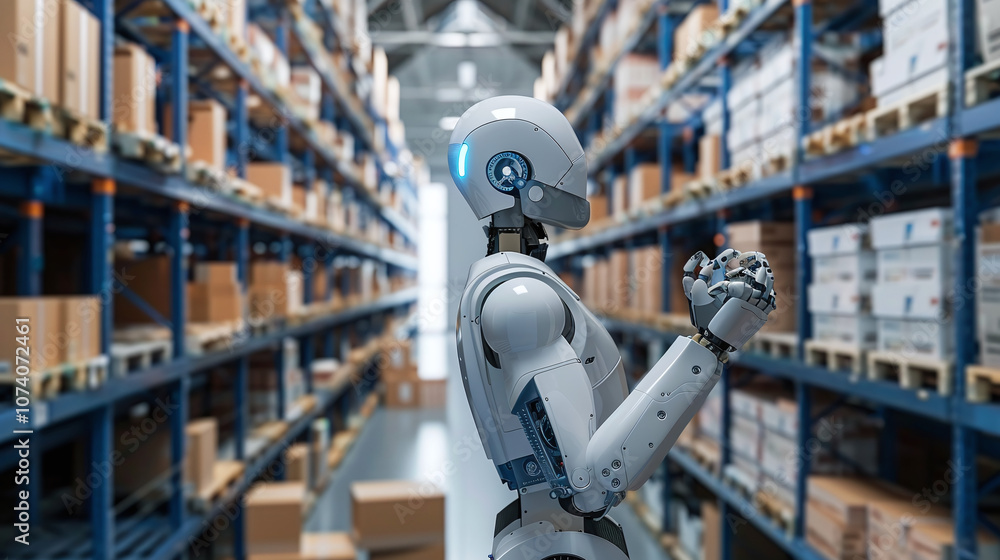 A Robotic Assistant Organizes and Navigates Through an Expansive Warehouse Filled With Stacked Cardboard Boxes During Daylight Hours A Robotic Assistant Organizes and Navigates Through an Expansive Warehouse Filled With Stacked Cardboard Boxes During Daylight Hours