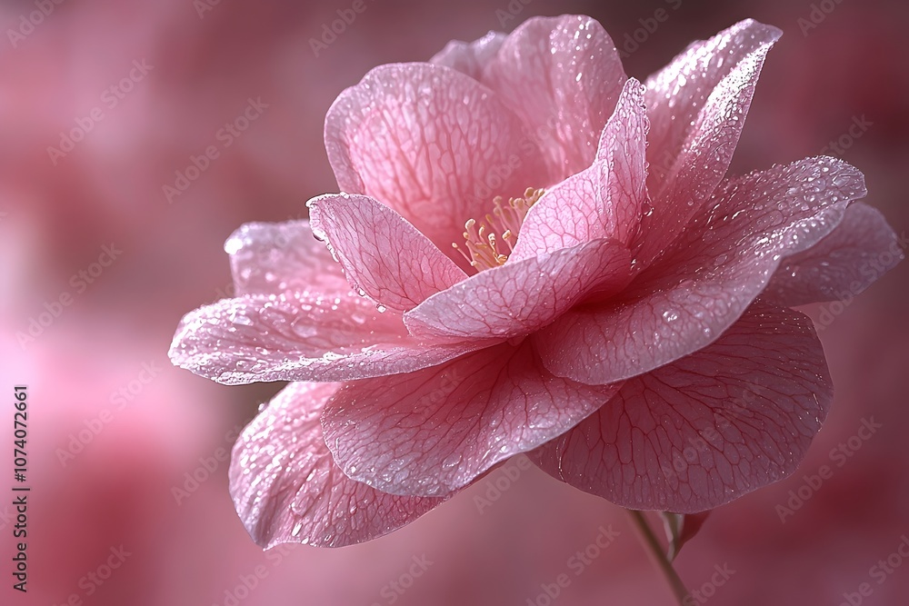 A close-up view of a delicate pink flower adorned with dewdrops, showcasing intricate petal textures and a soft, dreamy background that enhances its natural beauty. A close-up view of a delicate pink flower adorned with dewdrops, showcasing intricate petal textures and a soft, dreamy background that enhances its natural beauty.