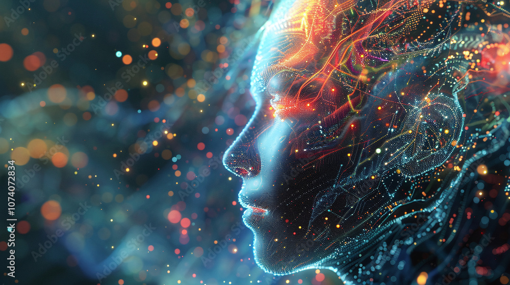 A Luminous Abstract Representation of a Human Face Intertwined With Colorful Digital Patterns, Symbolizing the Intersection of Technology and Consciousness in a Futuristic Atmosphere A Luminous Abstract Representation of a Human Face Intertwined With Colorful Digital Patterns, Symbolizing the Intersection of Technology and Consciousness in a Futuristic Atmosphere