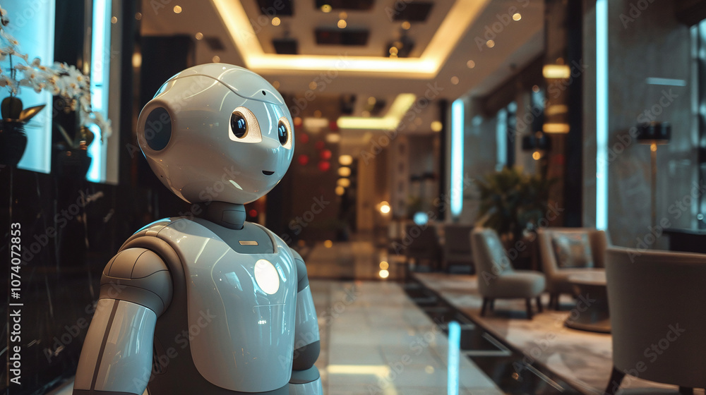 A Humanoid Robot Stands in a Modern Hotel Lobby Illuminated by Stylish Lighting, Showcasing Advanced Technology and Contemporary Design During the Day A Humanoid Robot Stands in a Modern Hotel Lobby Illuminated by Stylish Lighting, Showcasing Advanced Technology and Contemporary Design During the Day