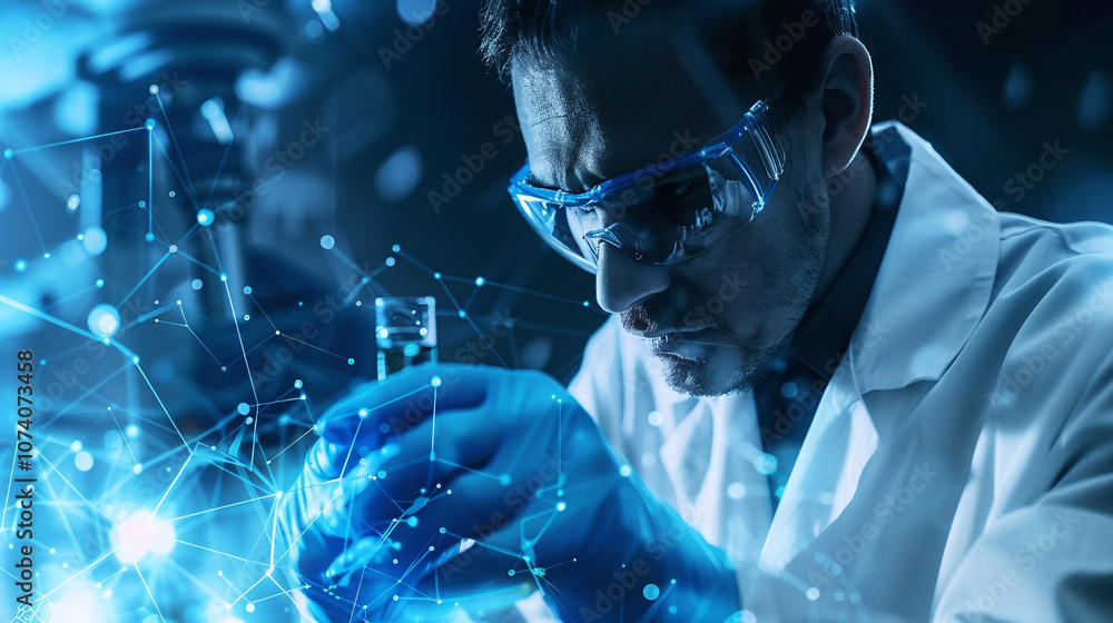A Focused Scientist Conducts an Experiment in a Modern Laboratory, Exploring Cutting-Edge Technology During a Late-Night Research Session A Focused Scientist Conducts an Experiment in a Modern Laboratory, Exploring Cutting-Edge Technology During a Late-Night Research Session