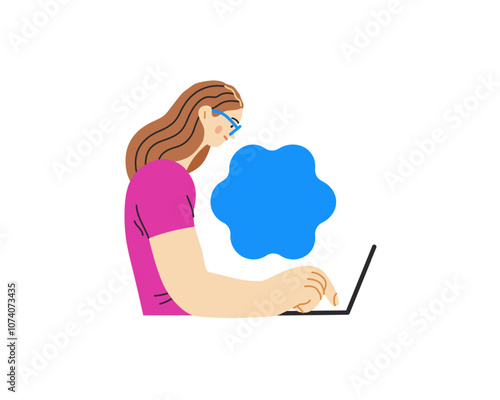 Writing people, modern flat vector concept illustration- sitting woman thoughtfully writing on laptop, bubble near head Metaphor for reflection, personal insight, contemplation, creative expression