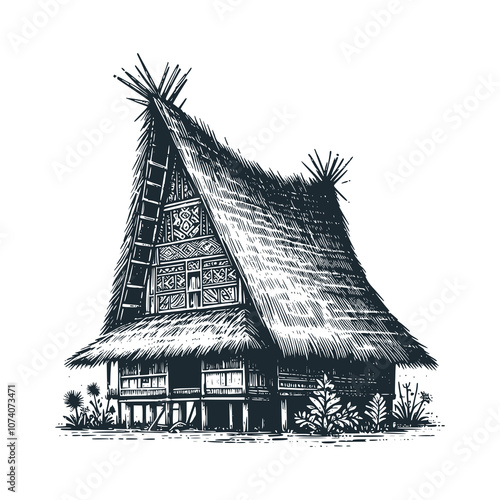 Traditional pyramid-shaped house. Black white vector illustration.