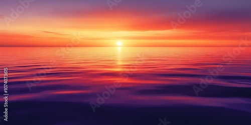 A breathtaking sunset over the calm ocean, showcasing vibrant hues of purple, orange, and pink reflected on the water's surface, evoking a serene and tranquil mood.