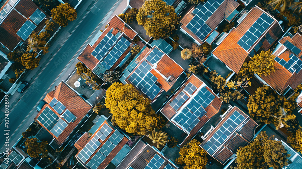 Aerial View of Residential Neighborhood With Solar Panels on Roofs Amid Lush Green Trees During Sunny Daylight