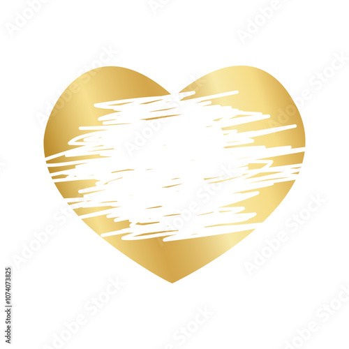 Golden heart shaped scratch card surface with scraped texture. Gold colored lottery, sale coupon, scratchcard template isoletd on white background. Vector illustration.