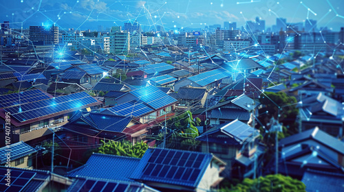 Aerial View of Urban Neighborhood With Solar Panels and Digital Network Connections During Daylight Hours in a Modern City Landscape #1074073895