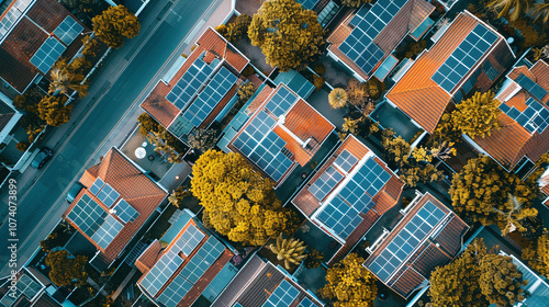 Obraz na płótnie Aerial View of Residential Neighborhood With Solar Panels on Roofs Amid Lush Green Trees During Sunny Daylight w salonie