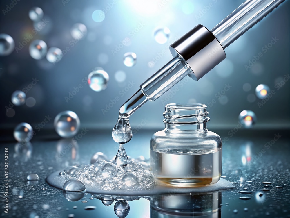 Close-Up of a Glass Pipette Pouring Transparent Facial Serum with Hyaluronic Acid on a Grey Background, Ideal for Skincare and Cosmetic Product Promotions with Copy Space Close-Up of a Glass Pipette Pouring Transparent Facial Serum with Hyaluronic Acid on a Grey Background, Ideal for Skincare and Cosmetic Product Promotions with Copy Space