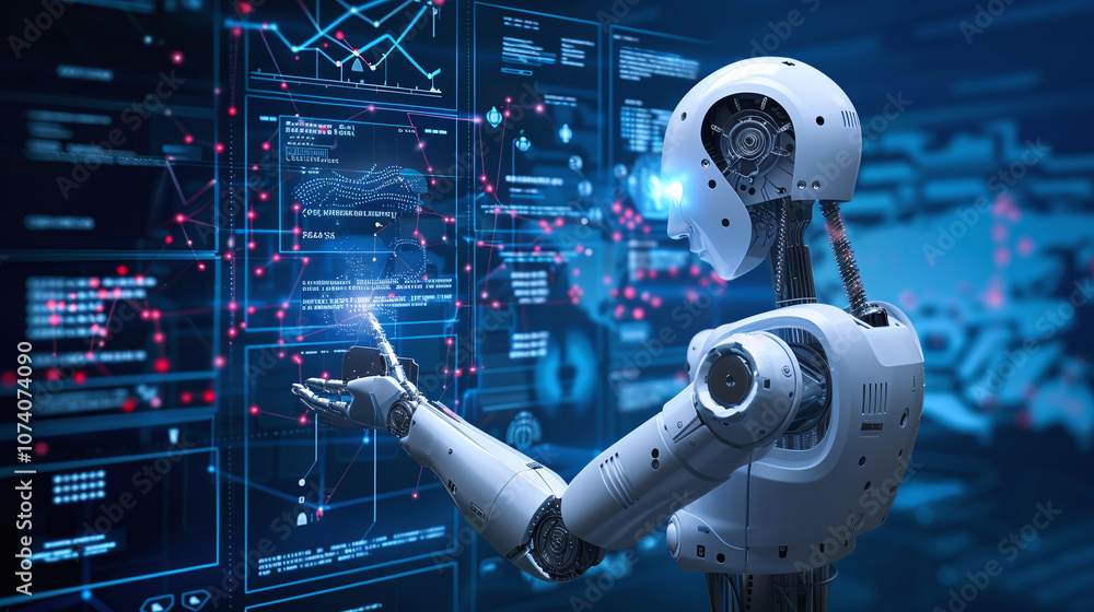 A Humanoid Robot Analyzes Data on a Futuristic Digital Interface in a High-Tech Laboratory Setting During the Evening A Humanoid Robot Analyzes Data on a Futuristic Digital Interface in a High-Tech Laboratory Setting During the Evening