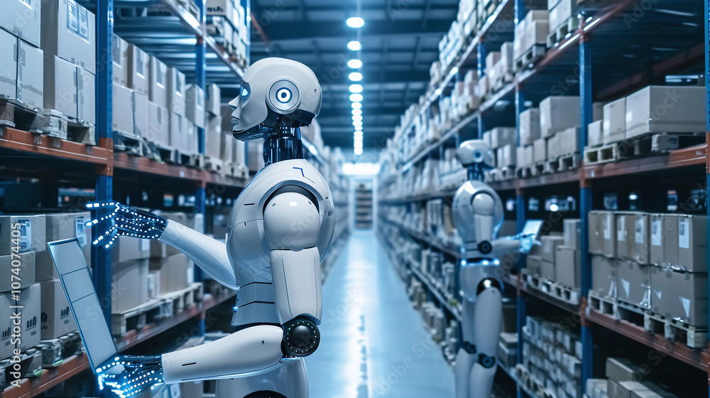 Robots Working in a Modern Warehouse Environment Efficiently Managing Inventory and Processing Shipments During Daytime Hours Robots Working in a Modern Warehouse Environment Efficiently Managing Inventory and Processing Shipments During Daytime Hours
