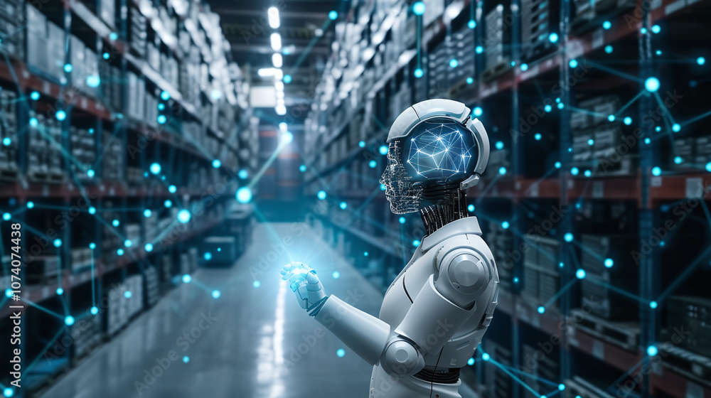 A Humanoid Robot Interacts With Digital Data in a High-Tech Warehouse Filled With Shelves of Various Electronic Components During the Day A Humanoid Robot Interacts With Digital Data in a High-Tech Warehouse Filled With Shelves of Various Electronic Components During the Day