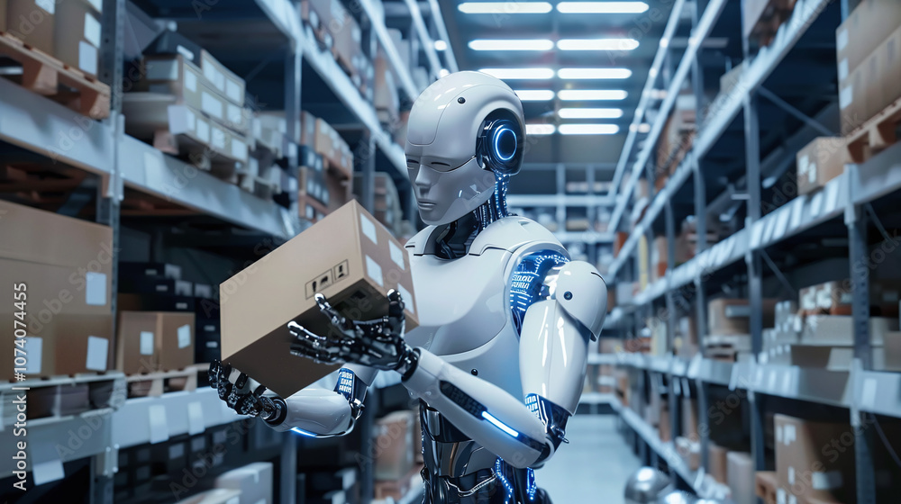 A Humanoid Robot Handling a Cardboard Box in a Busy Warehouse Filled With Stacked Shelves of Inventory During Daytime Operations