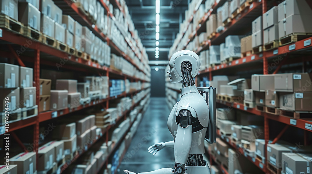 A Highly Advanced Humanoid Robot Manages Inventory in a Modern Warehouse Filled With Shelves of Neatly Arranged Boxes A Highly Advanced Humanoid Robot Manages Inventory in a Modern Warehouse Filled With Shelves of Neatly Arranged Boxes