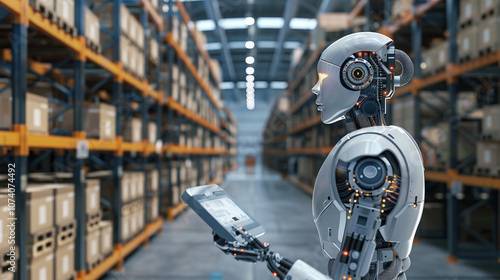 Obraz na płótnie A Humanoid Robot Operates in a Modern Warehouse, Navigating Through Organized Shelves and Managing Inventory With a Handheld Device w salonie