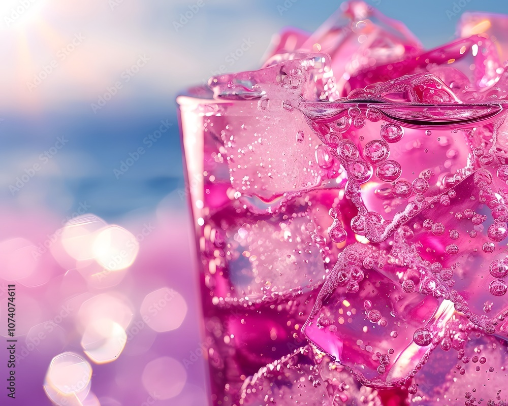 A refreshing pink drink with ice cubes, sparkling bubbles, and a vibrant background. A refreshing pink drink with ice cubes, sparkling bubbles, and a vibrant background.